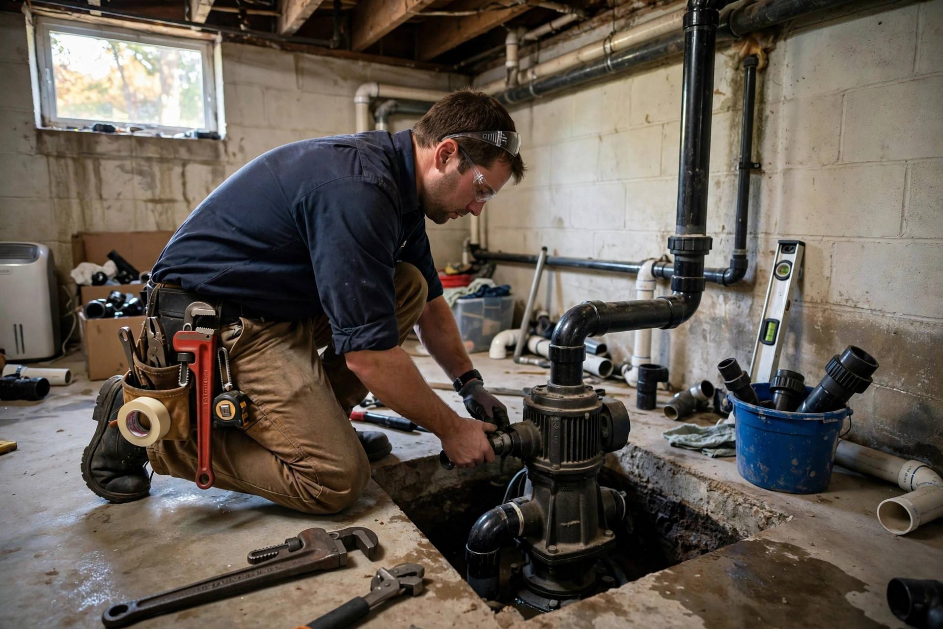 Plumber working on a sump pump in a basement in Binghamton, New York