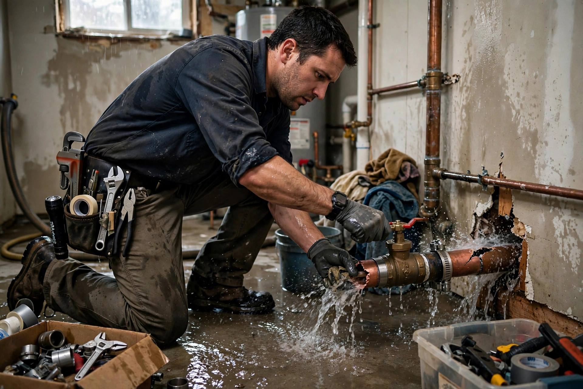 Plumber repairing a burst copper pipe during an emergency call