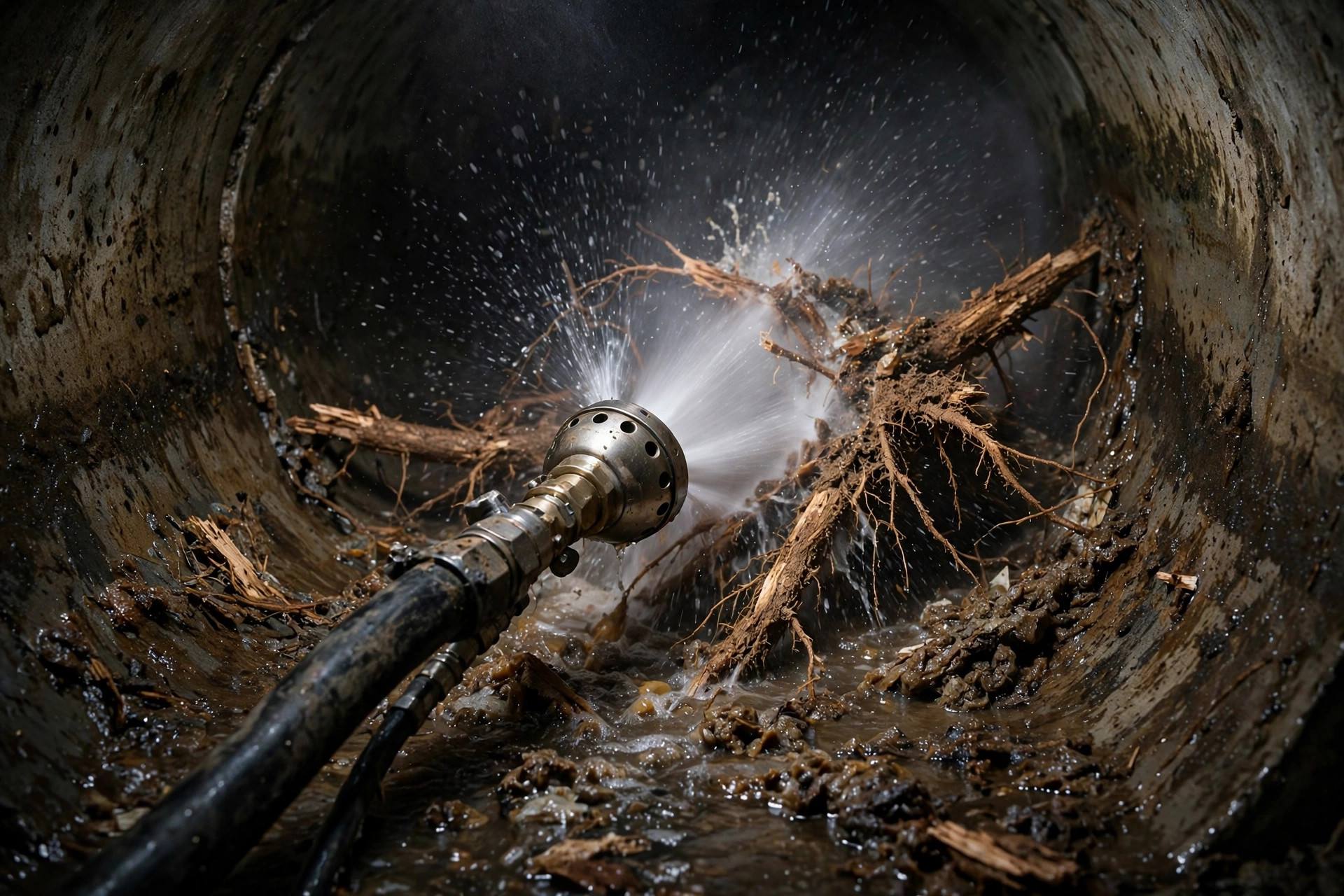 High-pressure hydro-jetter nozzle clearing a sewer pipe