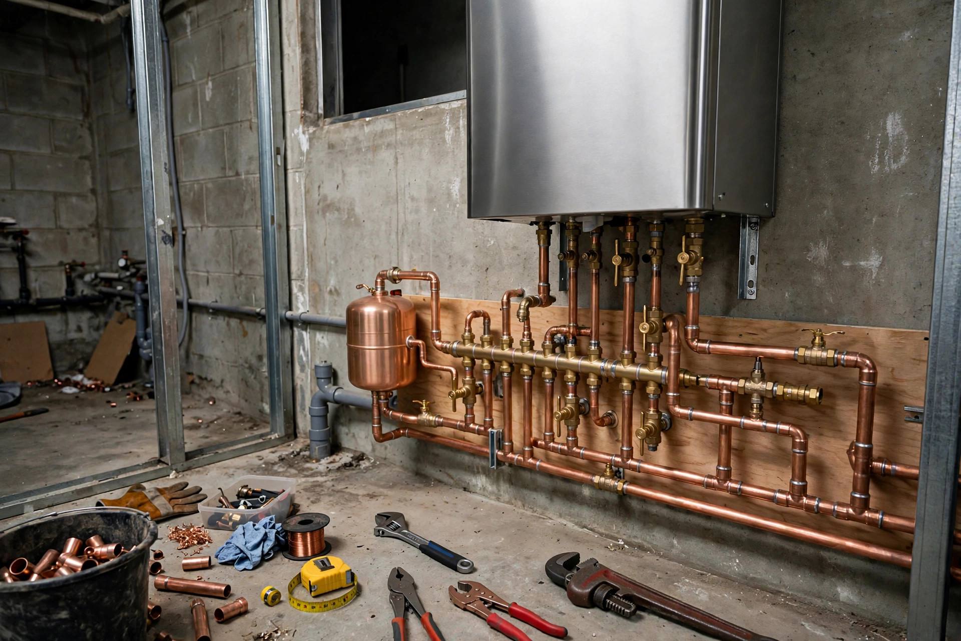 Wall-mounted high-efficiency tankless water heater installation and copper manifold